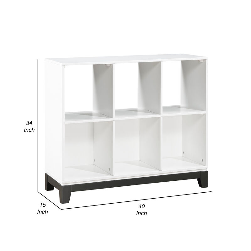 Thiem Bookcase, 6 Cubby Style Shelves, White, Black Veneer, 40 Inch - Benzara