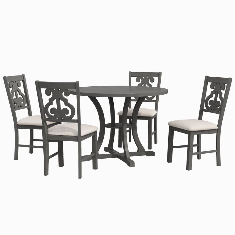 Whisen 5-Piece Retro Round Dining Table Set with 4 Chair and Special-shaped Legs - Antique Blue/ Dark Brown