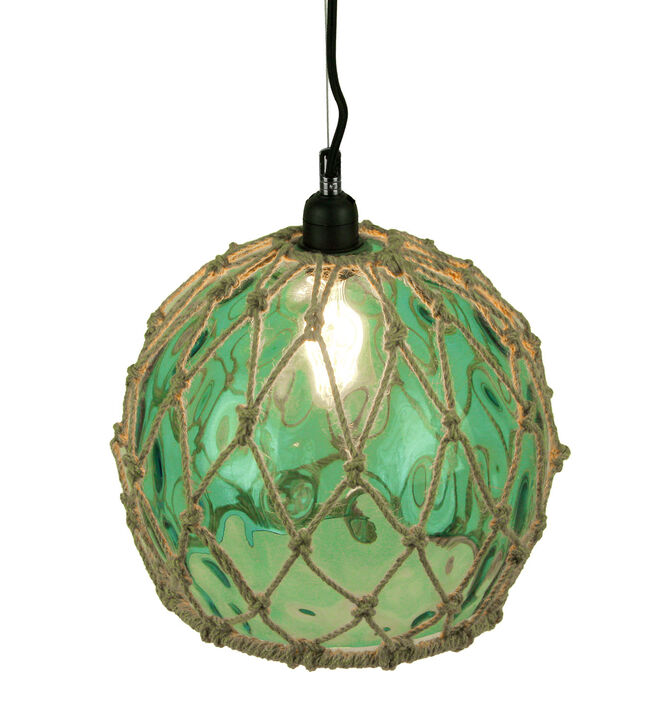 Green Glass Rope Wrapped Pendant Light Coastal Ceiling Lamp