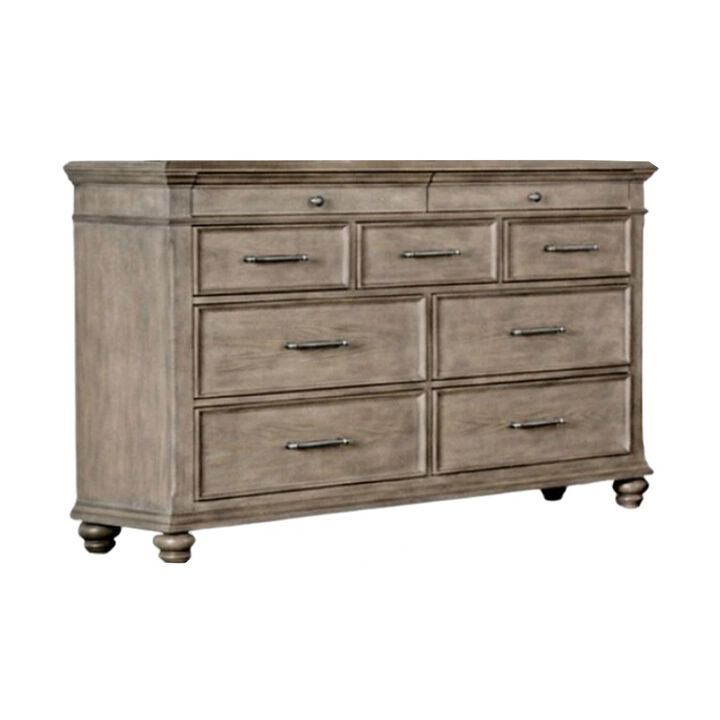 Zea Wide Dresser, 9 Drawers w Chrome Handle, Bun Feet, Aged Oak Brown