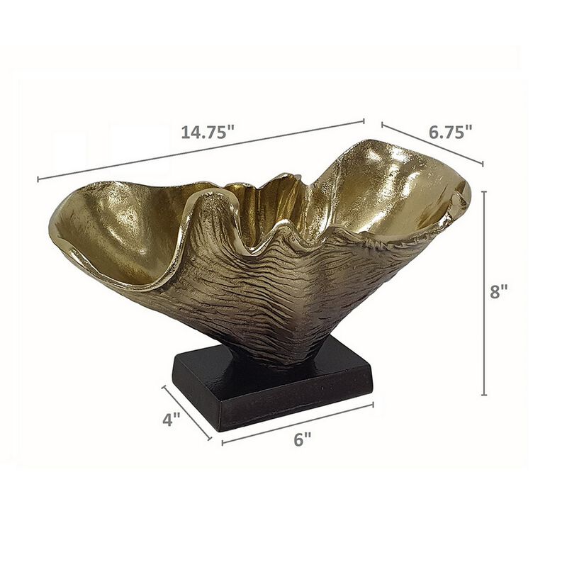 15 Inch Curved Shell Decorative Bowl, Aluminum, Square Base, Gold and Black image number 5