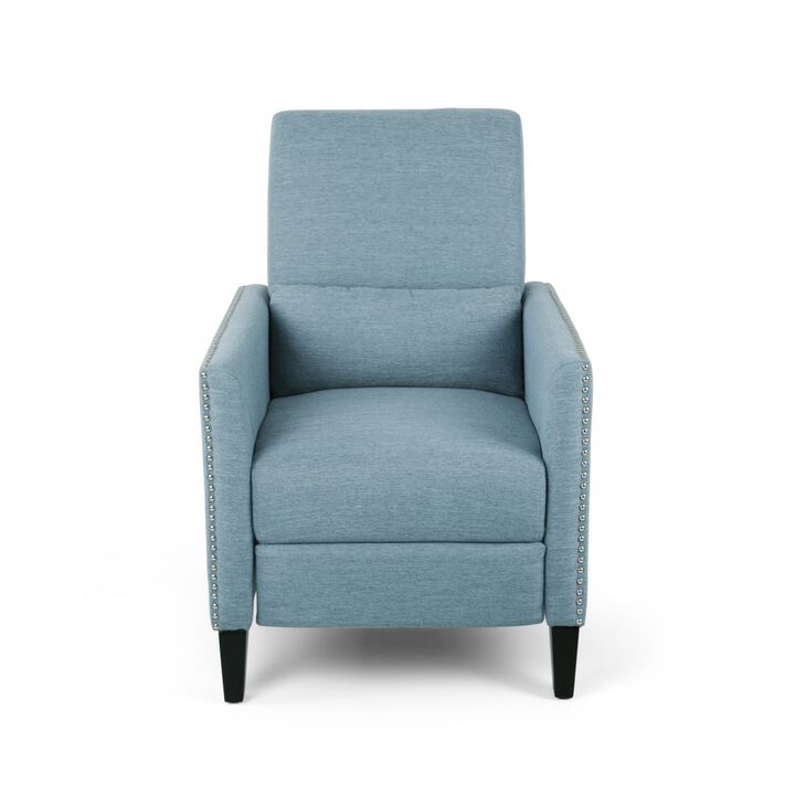 Davy Pushback Recliner Chair, Nailhead Trim, Birch Wood, Blue Fabric - Benzara