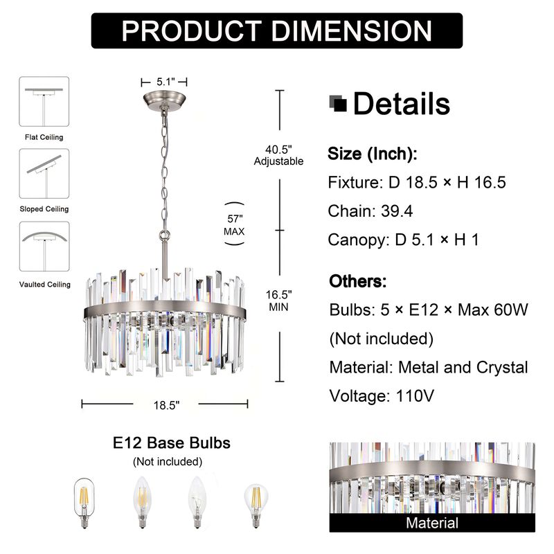 Candela Satin Nickel Finish 5-light Drum Crystal Glass Chandelier image number 2