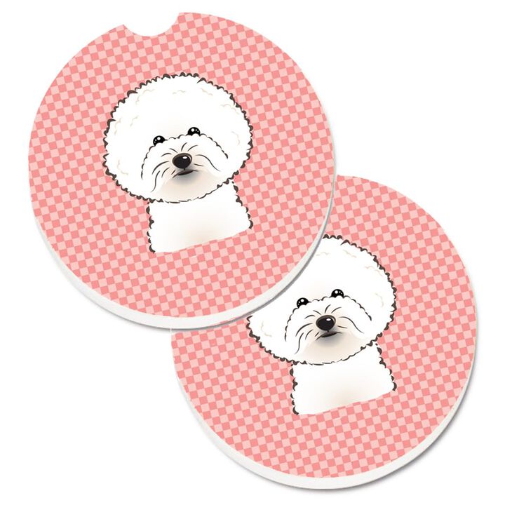 Caroline's Treasures Checkerboard Pink Bichon Frise Set of 2 Cup Holder Car Coasters BB1217CARC, 2.56, Multicolor