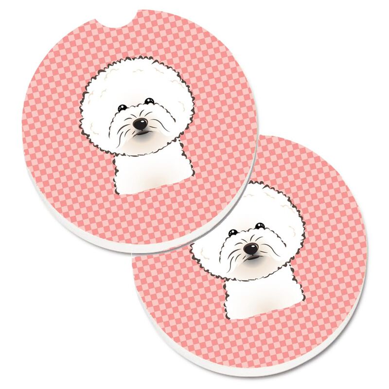 Caroline's Treasures Checkerboard Pink Bichon Frise Set of 2 Cup Holder Car Coasters BB1217CARC, 2.56, Multicolor