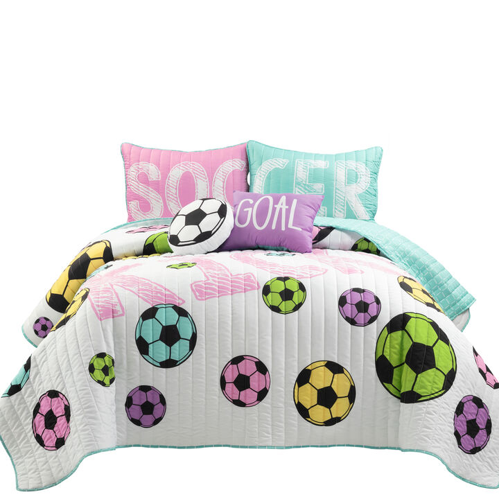 Girls Soccer Kick Reversible Oversized Quilt 5Pc Set