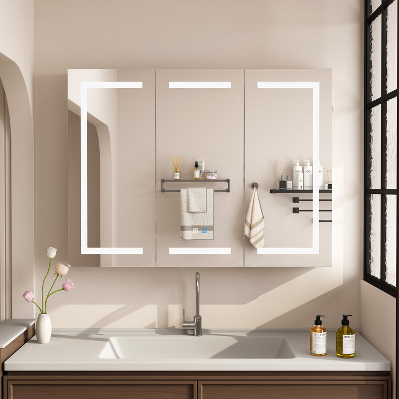 FUFU&GAGA LED Bathroom Mirror Cabinet with Independent Defogging and Adjustable Shelves (47.2" W x 35.4" H x 15.7" D), White