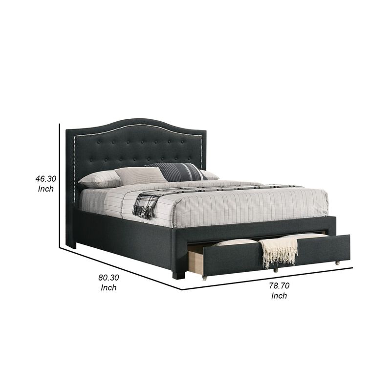 Buk California King Bed, Upholstered Tufted Headboard, Charcoal Burlap  - Benzara