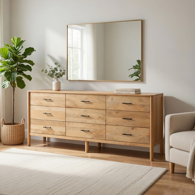Geti 84 Inch Wide Dresser, 9 Spacious Drawers, Handcrafted Natural Oak White Mango Wood image number 8