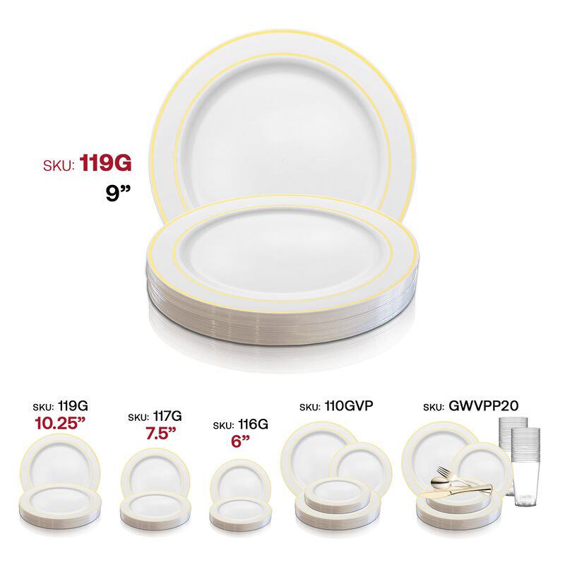 9" White with Gold Edge Rim Plastic Buffet Plates (60 Plates) image number 5