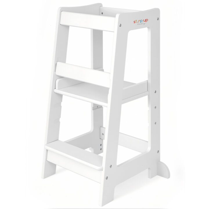 Stepup Baby&reg; Adjustable Toddler Tower - White Wooden Step Stool for Kids | Toddler Standing Tower with Child-safe Chopper & Chopping Board for 18M-4Y