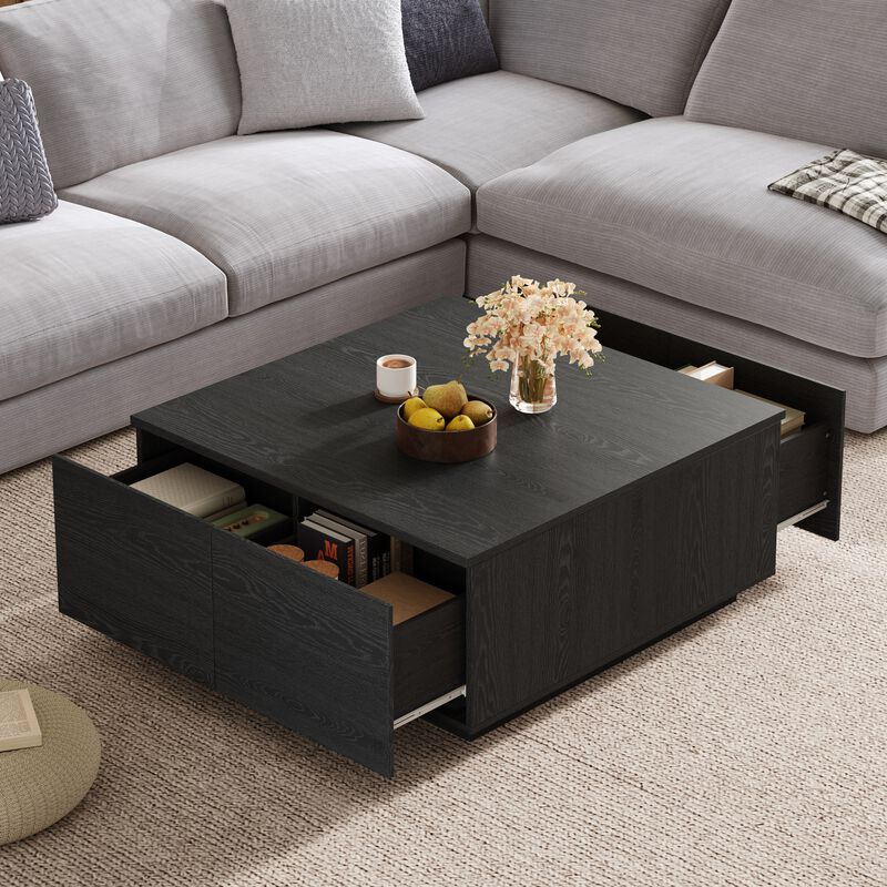 Merax Square Coffee Table with 4 Drawers, Walnut