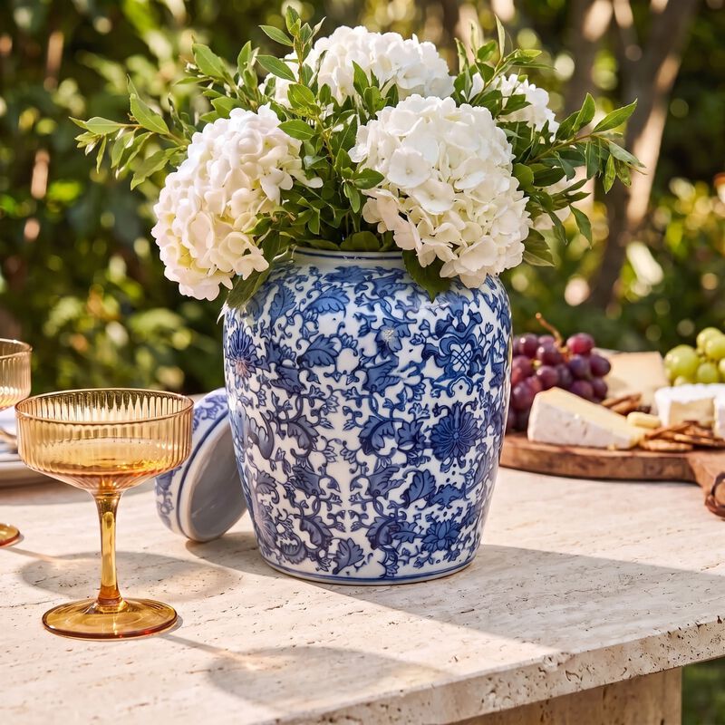 Medium Decorative Ceramic Ginger Jar with Lid, Blue and White Floral Pattern image number 1
