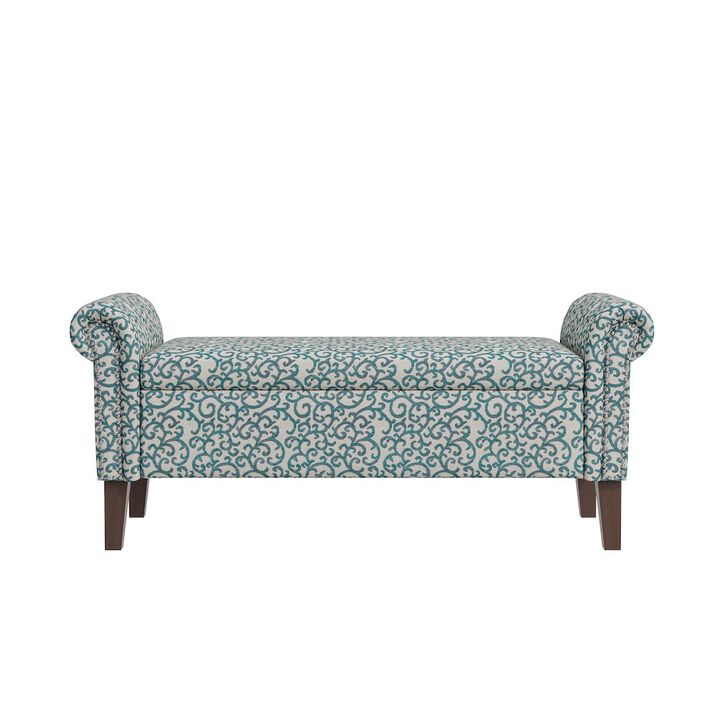 HL Home Furnishings Rolled Arm Storage Ottoman in Blue Curly Vine