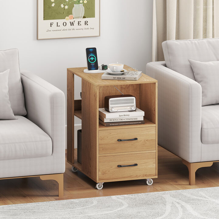 Sofa Side Table with Charging Station and Rolling Wheels for Bedroom