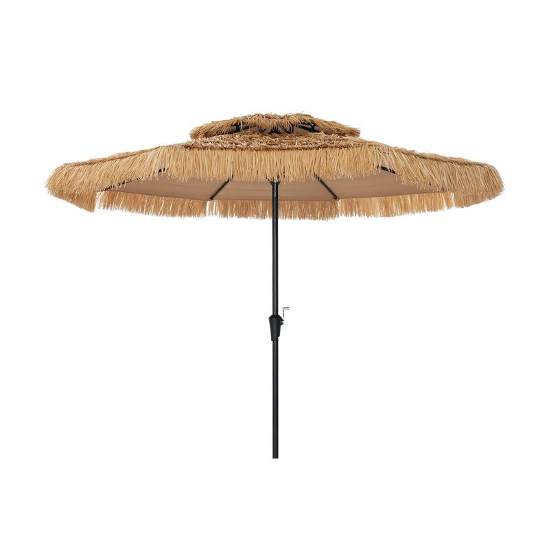 Mondawe 10 ft Hawaiian Style Crank Design 2 Tier Thatched Tiki Straw Patio Umbrella Shade