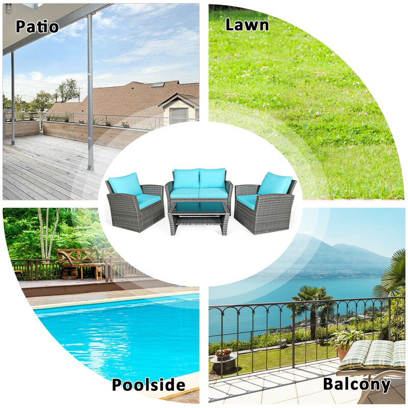 4 Pieces Patio Rattan Furniture Set Sofa Table with Storage Shelf Cushion image number 4