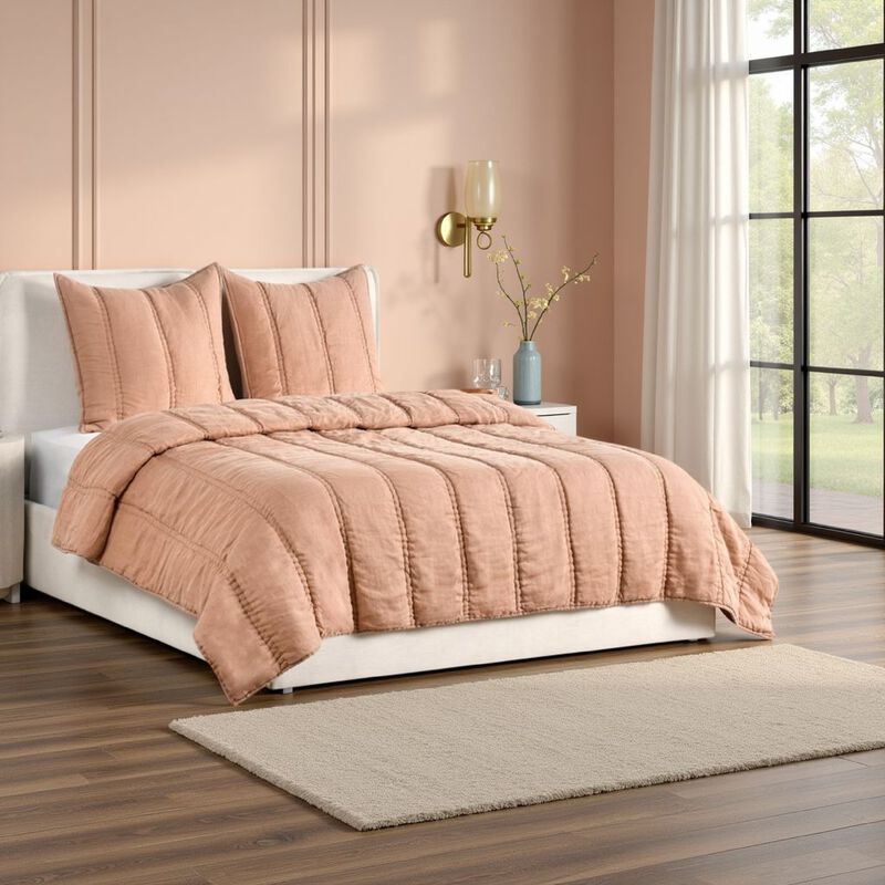 Rawi 3 Piece Queen Quilt Set, Channel Stitched Clay Ramie, Cotton - Benzara