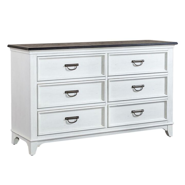 Liberty Furniture Allyson Park 6 Drawer Dresser in Wirebrushed White w/ Charcoal Top