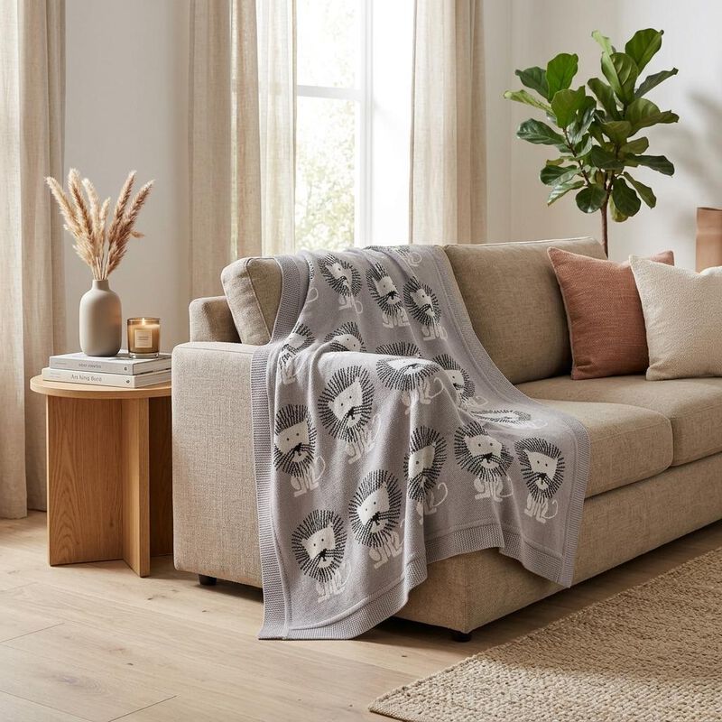 HomeRoots Grey Lots Of Lions Woven Knitted Baby Blanket image number 1