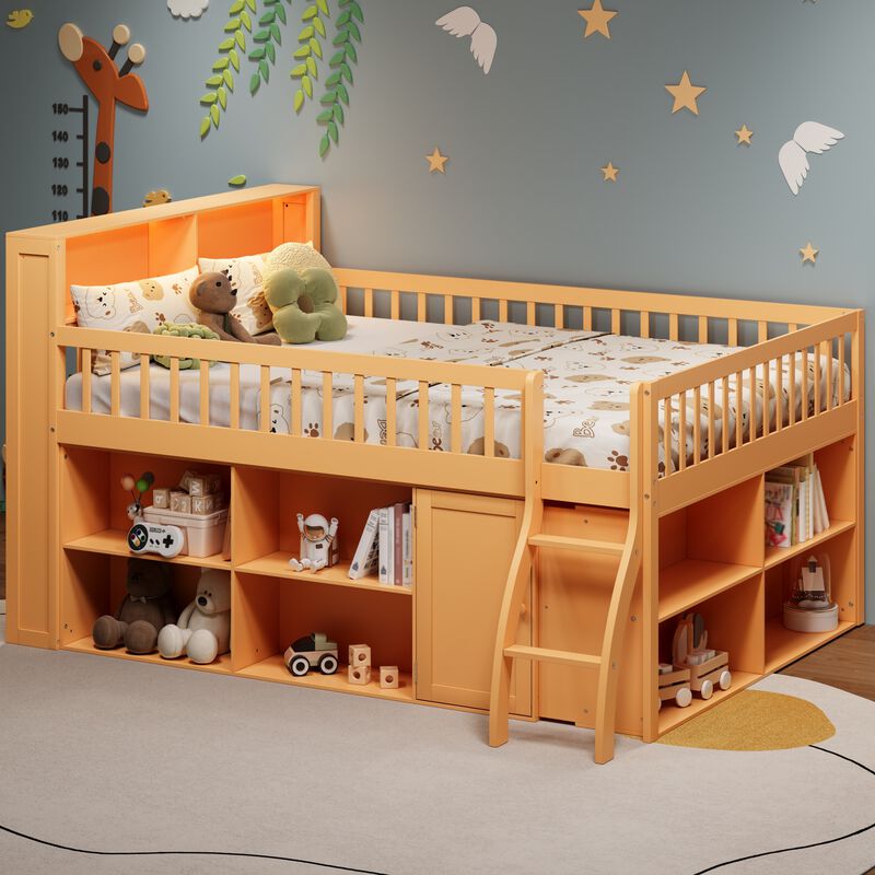 Merax Loft Bed with Storage Shelves and LED Headboard Light image number 1