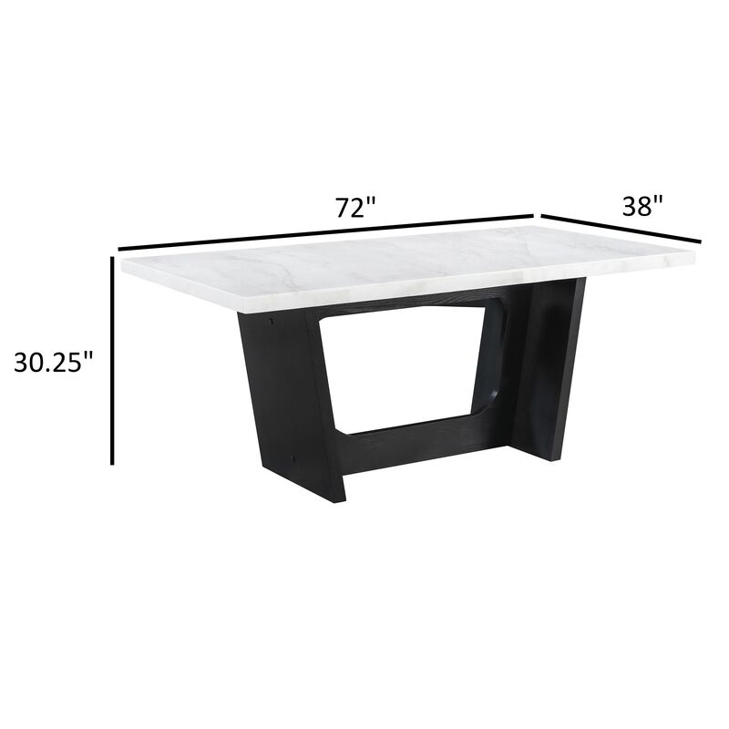 Shoy 72 Inch Dining Table, Rectangular White Marble Top, Trestle, Brown