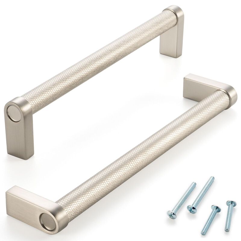 ASKANO Brushed Nickel Cabinet Pulls, 6-1/4 Inch Hole Centers, Knurled Bar Kitchen Cabinet Handles AP1311 | Pack of 10, Solid Har
