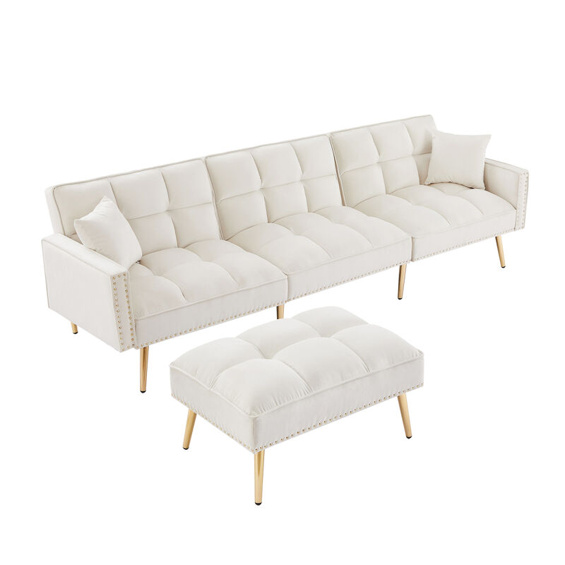 cream white Velvet Upholstered Reversible Sectional Sofa Bed, L-Shaped Couch with Movable Ottoman For Living Room.