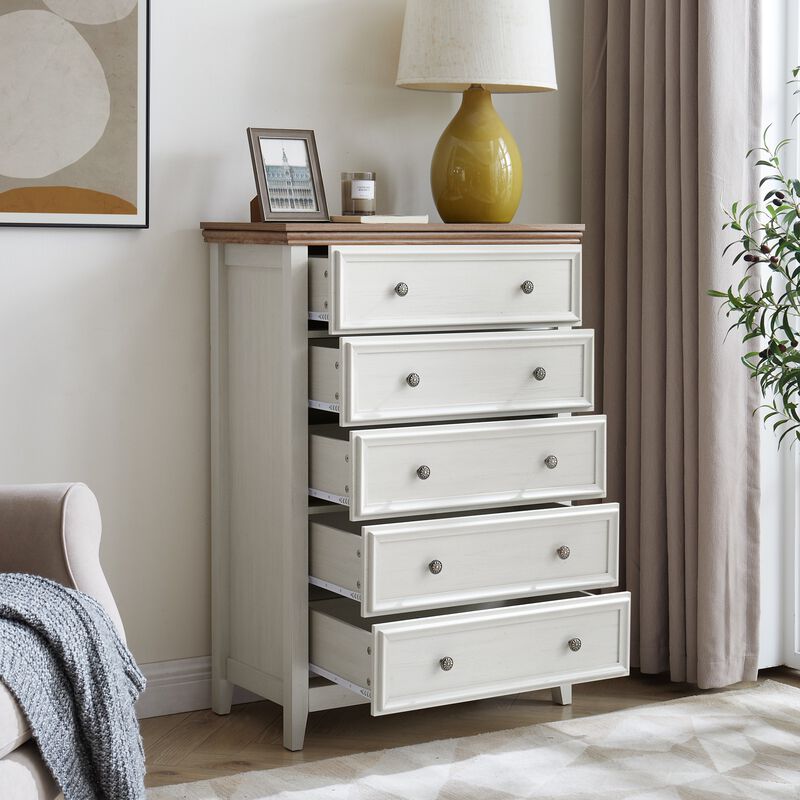 Beige 44.3 in. H Accent Cabinet with 5 Drawers