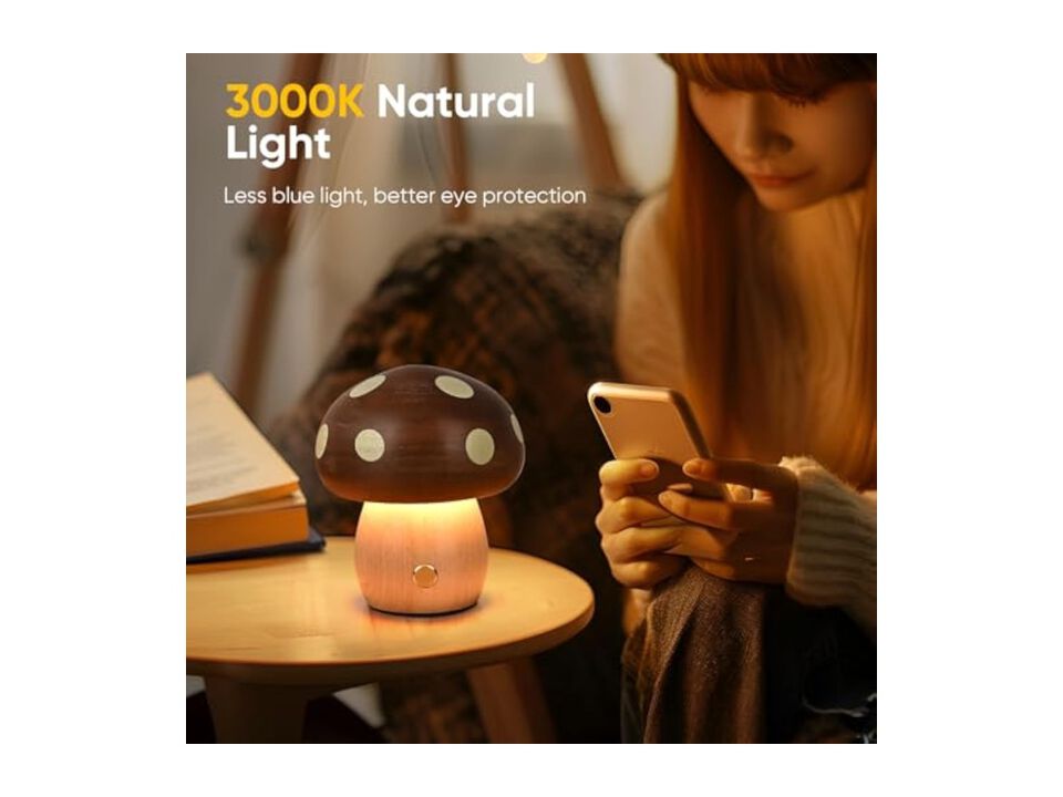 Cordless Dimmable Touch Control Wood Mushroom Lamp For Bedroom Patio
