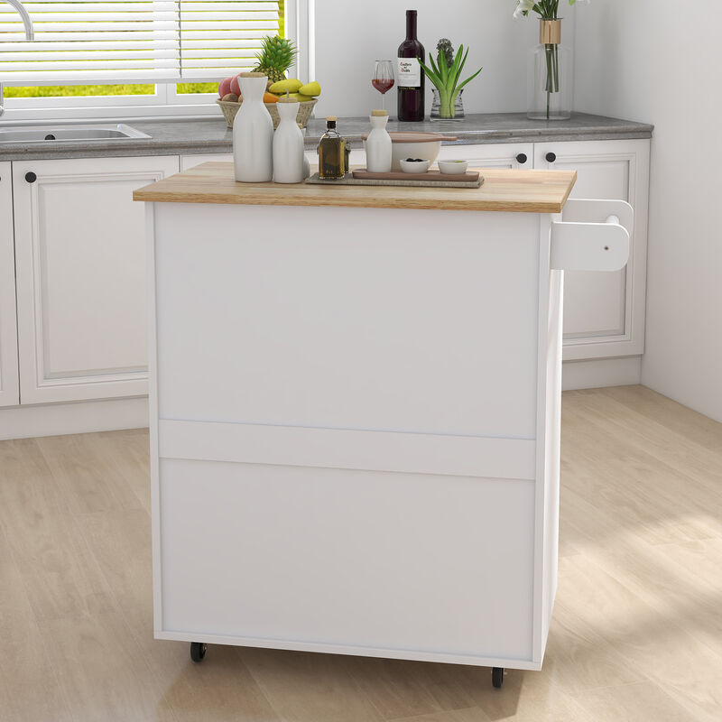 White Wood 32.68 in. Kitchen Island with Towel Rack and Adjustable Shelves