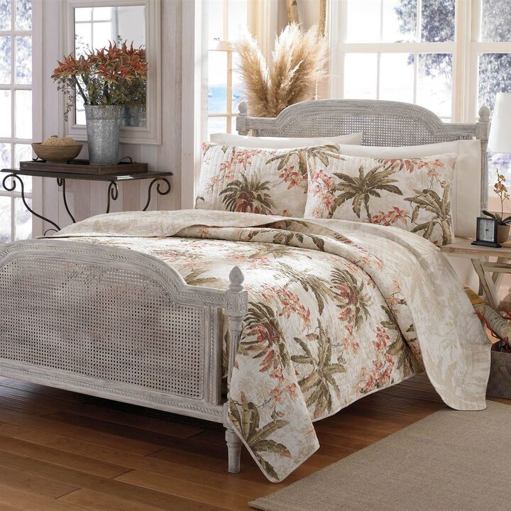 Hivvago King Cotton Coastal Palm Tree Floral 3 Piece Reversible Quilt Set