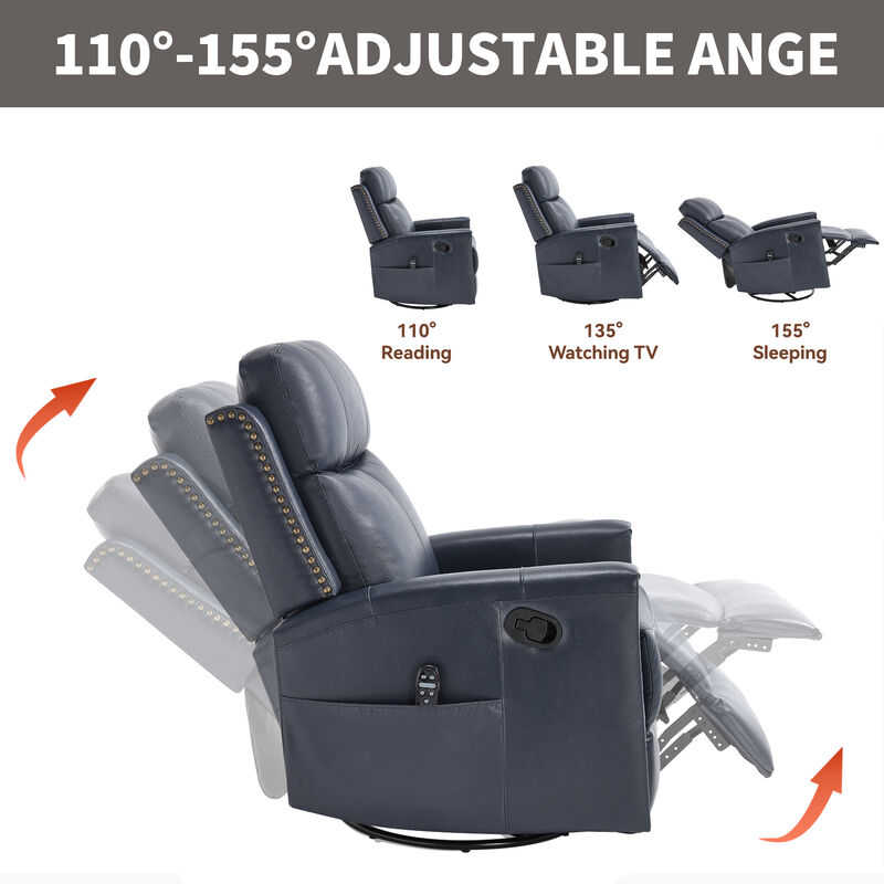Genuine Leather Heat Massage Manual Recliner Chair with Rocker and Swivel for Living Room image number 6