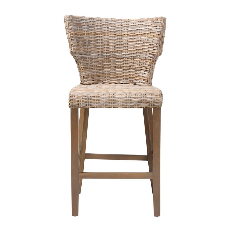 Bali & Pari Enver Modern Bohemian Grey Kubu Rattan And Mahogany Wood Counter Stool