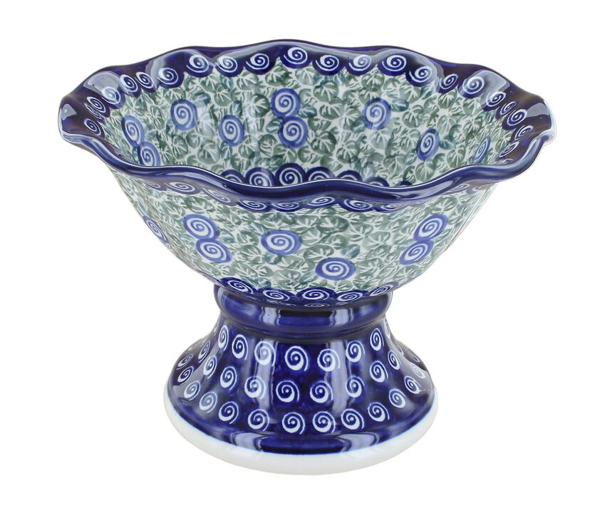 Blue Rose Polish Pottery Peacock Small Pedestal Fruit Bowl