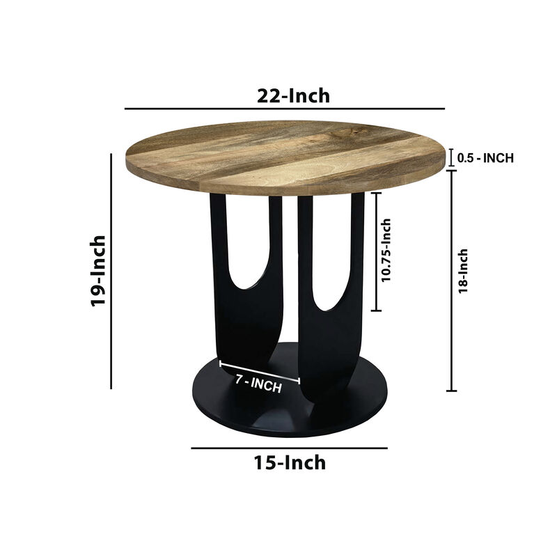 22 Inch Side End Table, Round Natural Mango Wood Top,  Black Iron U Shaped Legs