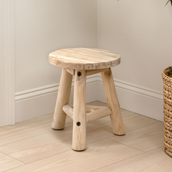Triform Modern Minimalist Handcrafted Solid Teak Wood Accent Stool with Tri-Leg Base