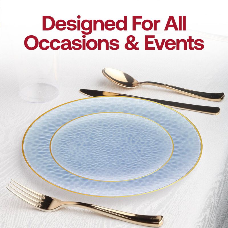 Clear Blue with Gold Rim Hammered Glass Plastic Dinnerware Value Set (60 Sets) image number 7