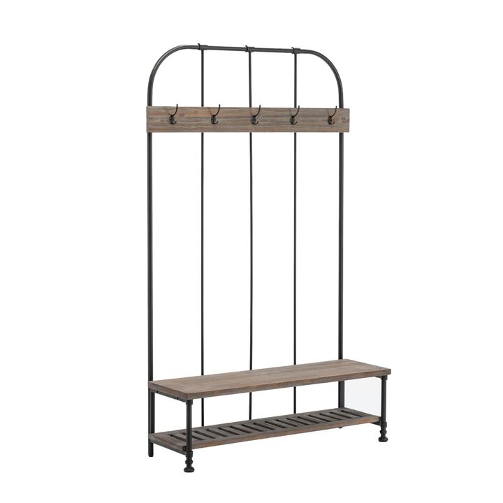 Wood and Metal Industrial Hall Tree with Bench, Brown-Benzara
