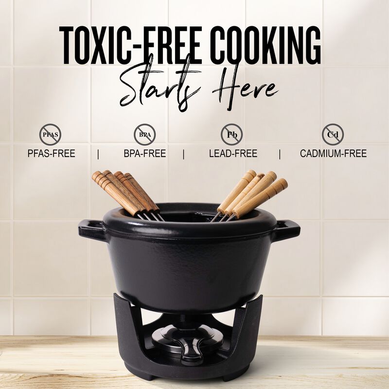 Alva Nori Enameled Cast Iron Fondue Set 2Qt. - Oven Safe and Made without PFAS, PFOA & PTFE - Includes 8 Fondue Forks, Fondue Pot, Adjustable Burner & Stand image number 6
