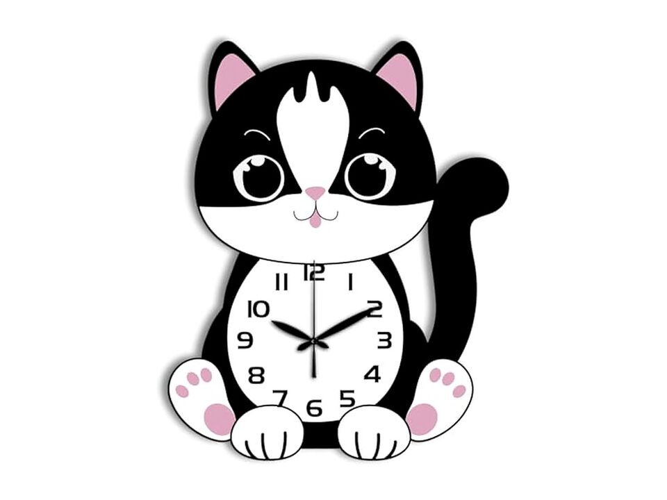 Cat Cartoon Irregular Shape Flat Wall Clock 98 Inch Silent Non Ticking