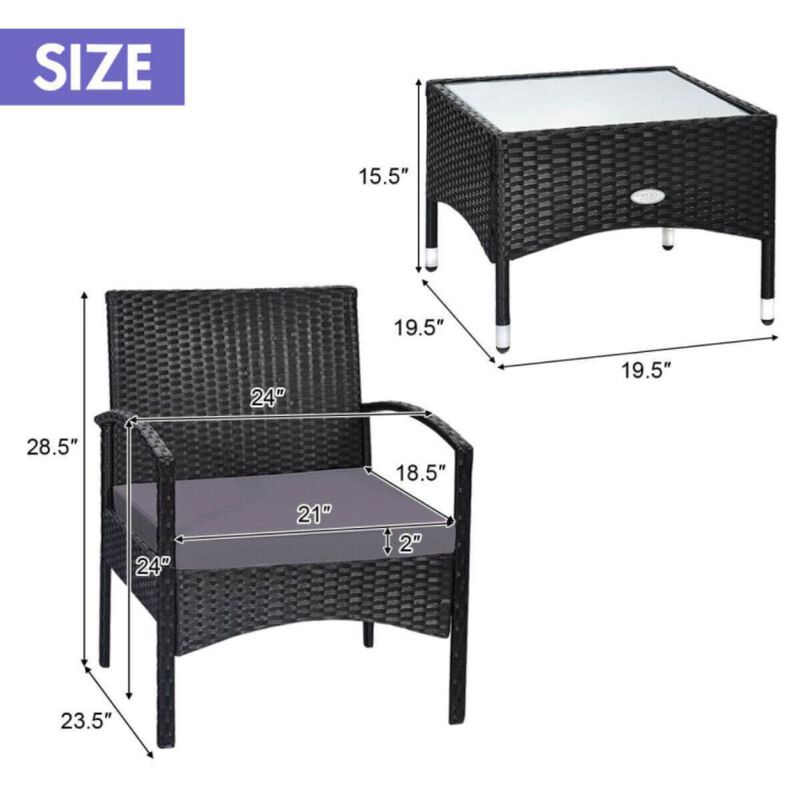 Hivvago 3 Pieces Patio Wicker Rattan Furniture Set with Cushions for Lawn Backyard