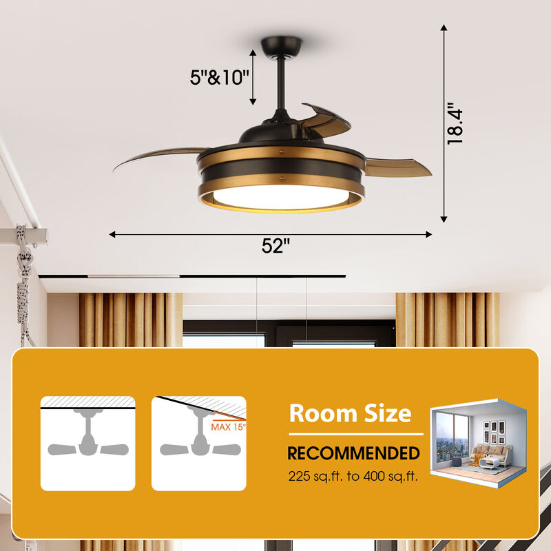 52" Vintage Brass Bladeless Smart Ceiling Fan with Light and Remote, App Control, Voice Control