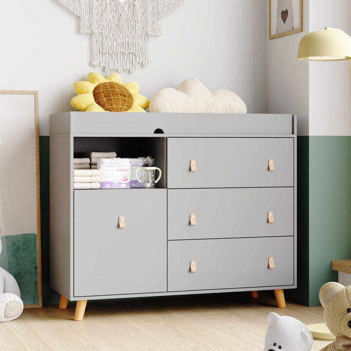4-Drawer Gray Wood Kids Dresser Changing Table Dresser Storage Cabinet With Shelves 38 in. H x 45 in. W x 18 in. D