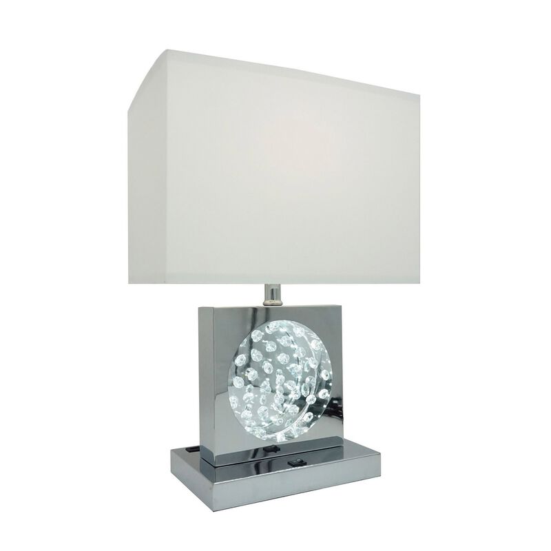 Rohi 22 Inch Table Lamp, White Fabric Shade, Chrome Base, LED Accents - Benzara