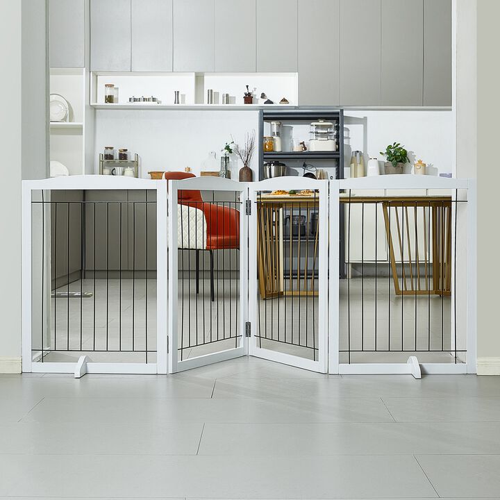 Freestanding Dog Gate with 4 Foldable Panels, Indoor Pet Barrier for Doorways and Halls