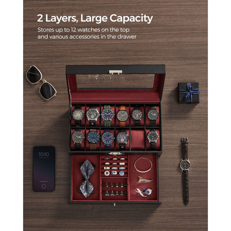 Solid Wood 12-Slot Watch Case with Clear Glass Lid for Premium Watch Storage