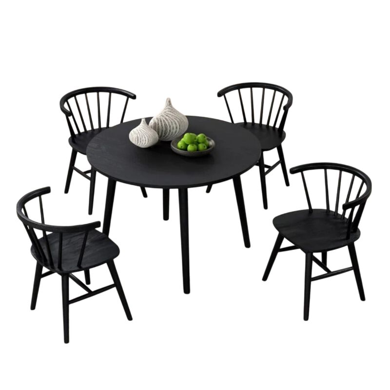 Yely 5pc Dining Table with 4 Windsor Chairs Set, Black Rubberwood image number 2