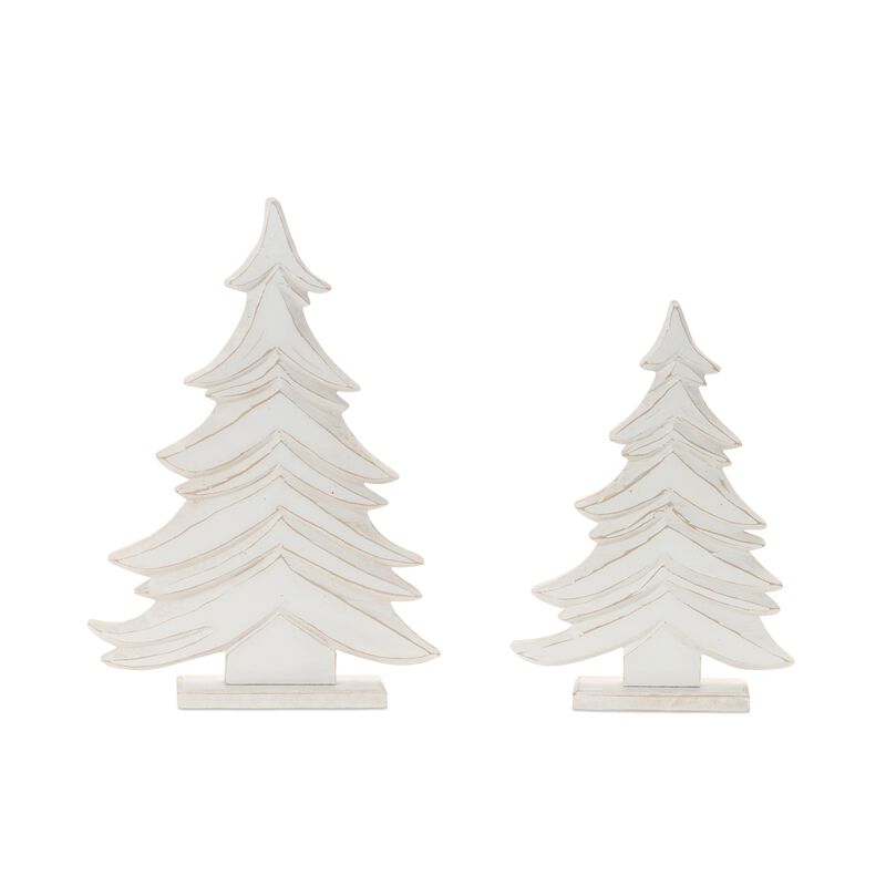 Set of 2 Carved Wood Pine Trees for Holiday Mantel, Shelf, or Tabletop Display