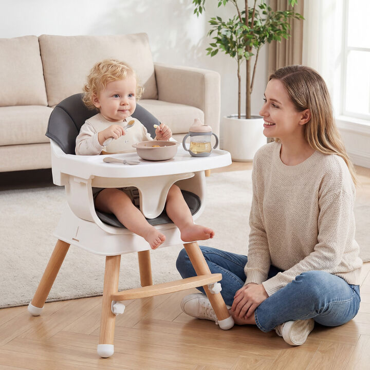 Convertible Baby High Chair with Solid Wood Frame and 3 Position Adjustable Tray